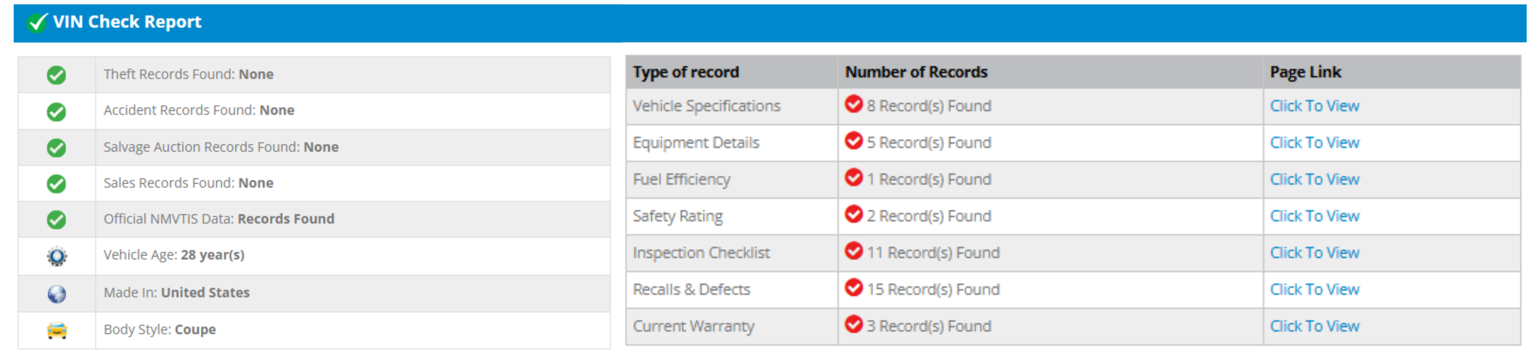 Sample Vehicle History Report